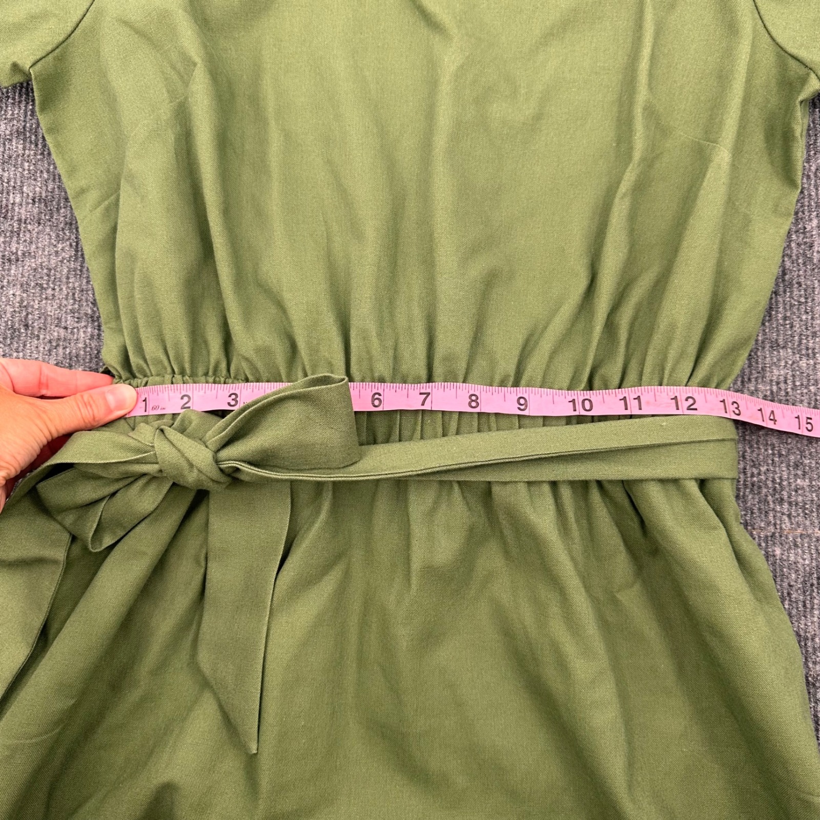 Hannah Canvas Linen Flare Dress Medium Belted Midi Olive Green Modern Casual — image 6 of 8